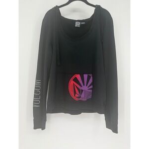 Volcom Womens Black Scoop Neck Hoodie Graphic Pocket Sleeve Logo Pullover Large